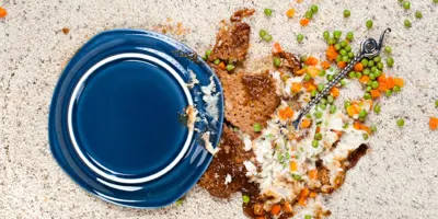 Assiette de nourriture renversée sur un tapis blanc