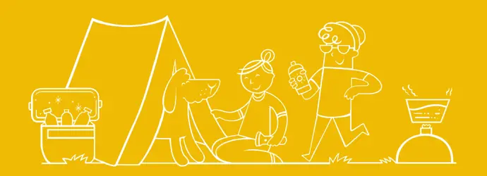 Illustration sur fond jaune de deux personnes et d'un chien en train de camper. 